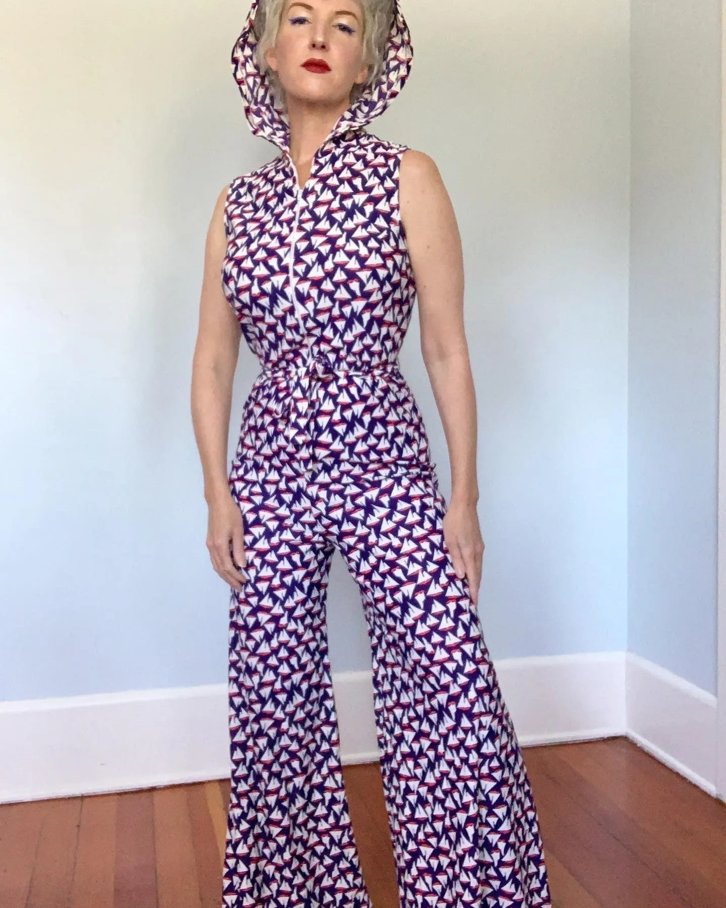 1960s Nautical Theme Palazzo Leg Hooded Jumpsuit