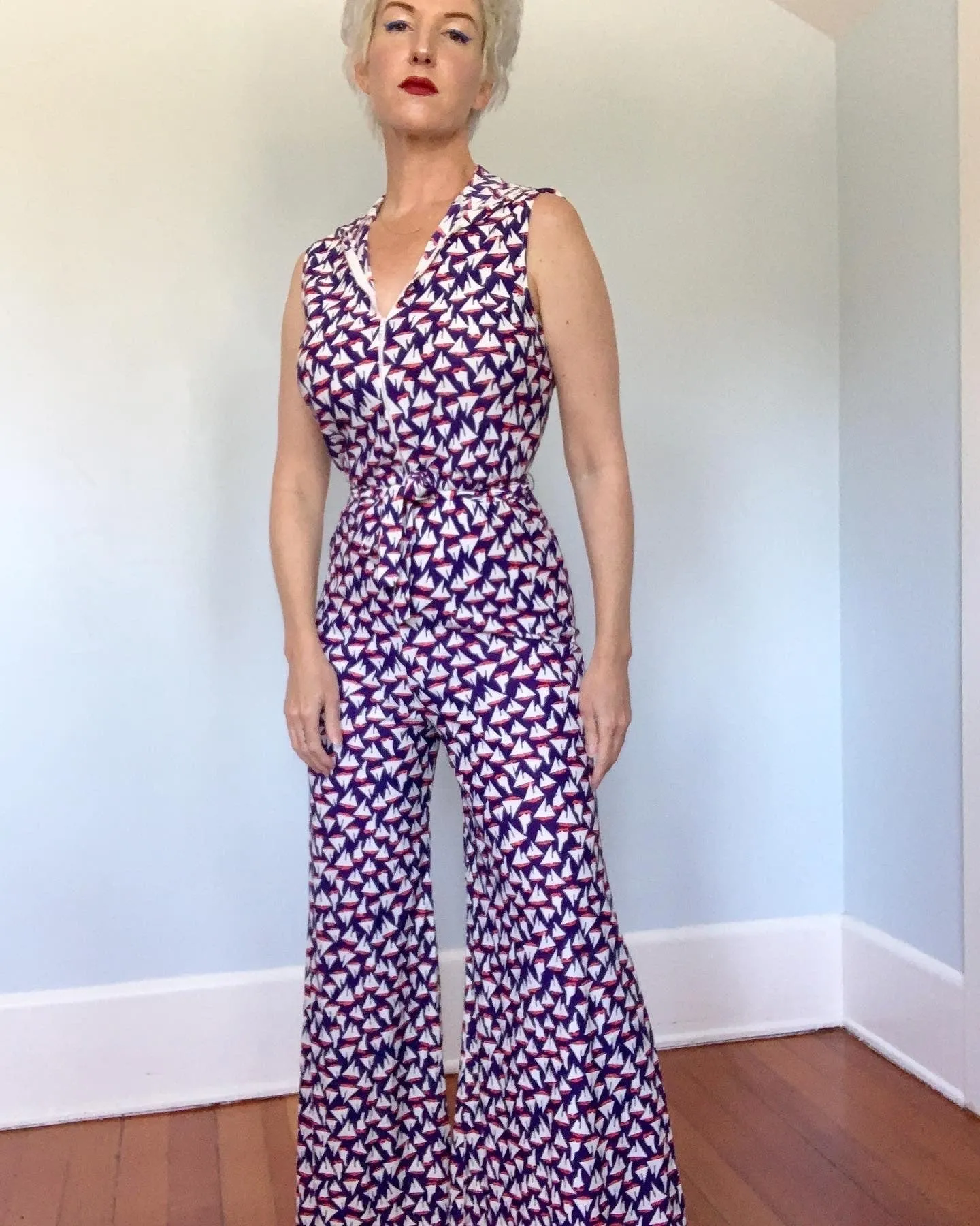 1960s Nautical Theme Palazzo Leg Hooded Jumpsuit
