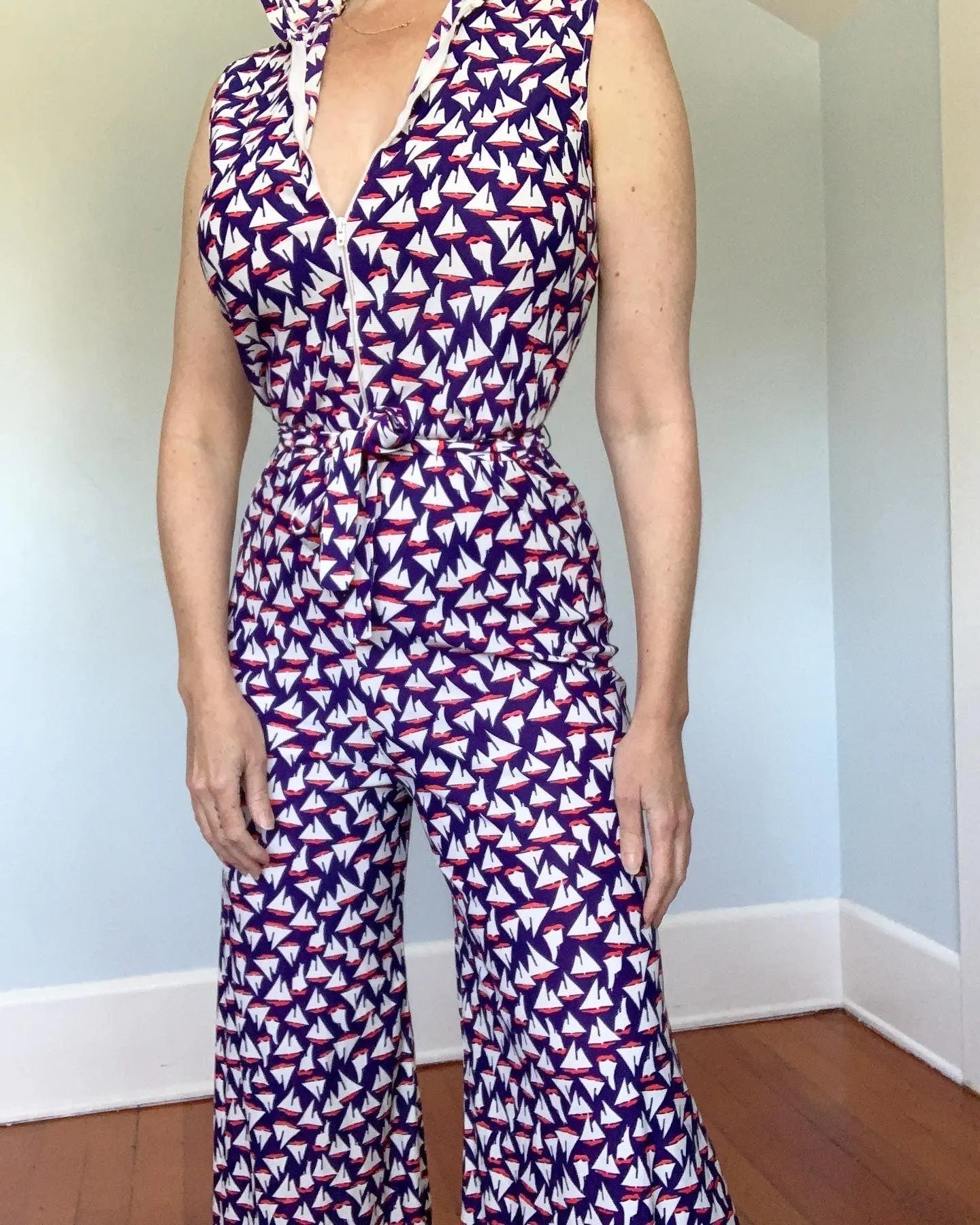 1960s Nautical Theme Palazzo Leg Hooded Jumpsuit