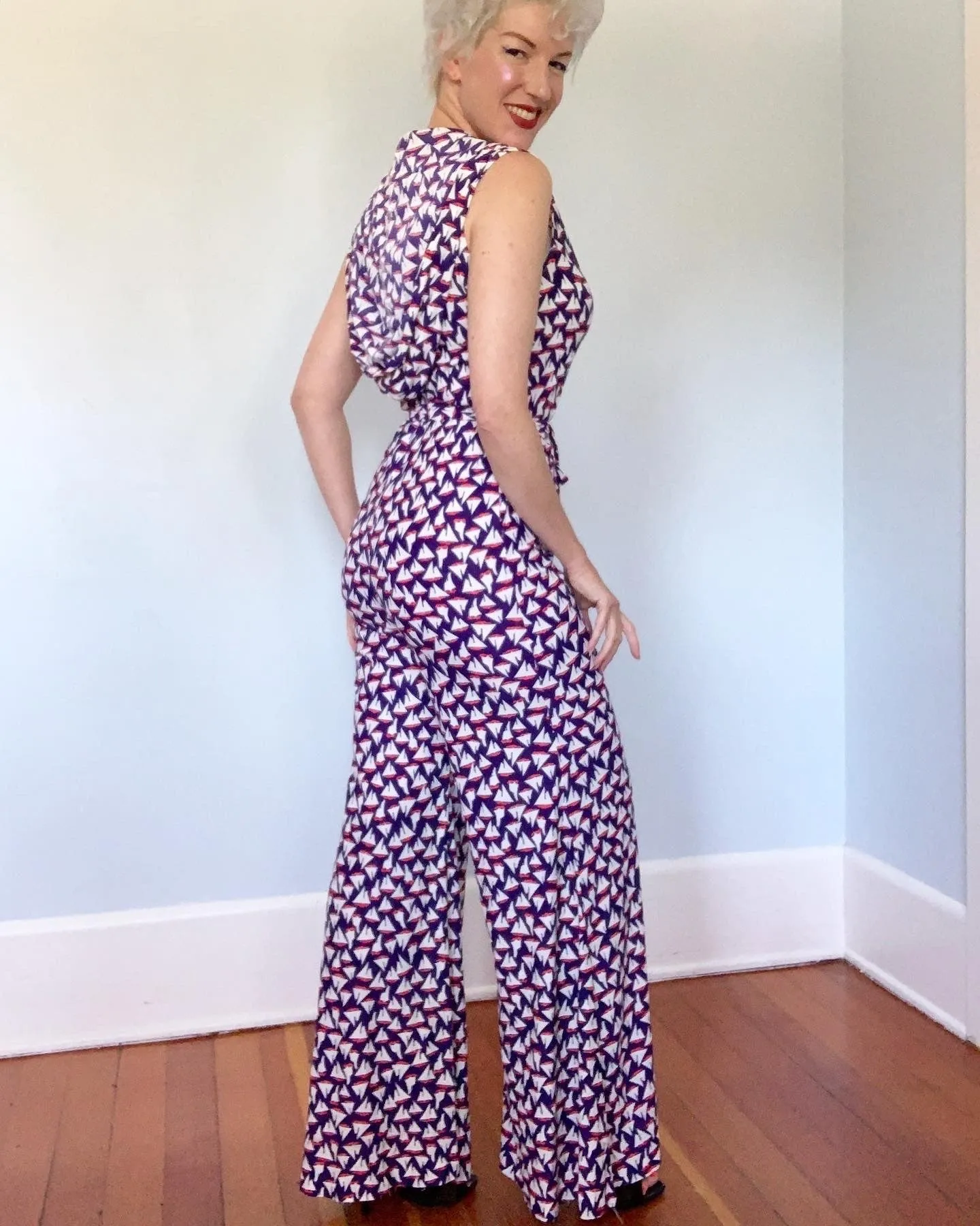 1960s Nautical Theme Palazzo Leg Hooded Jumpsuit
