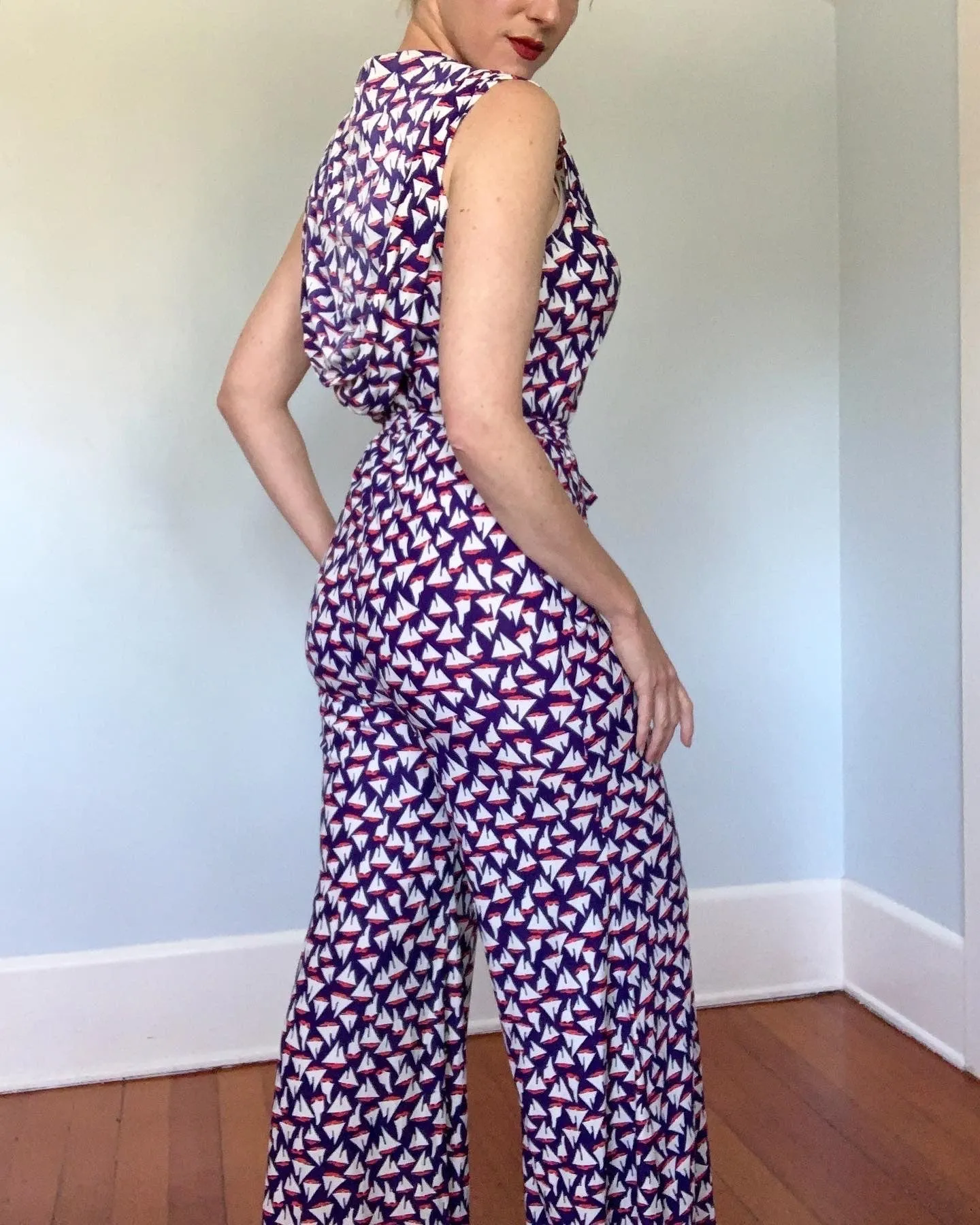 1960s Nautical Theme Palazzo Leg Hooded Jumpsuit