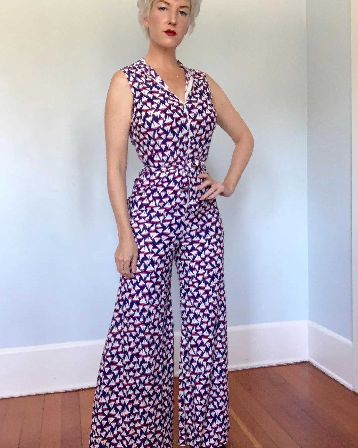 1960s Nautical Theme Palazzo Leg Hooded Jumpsuit