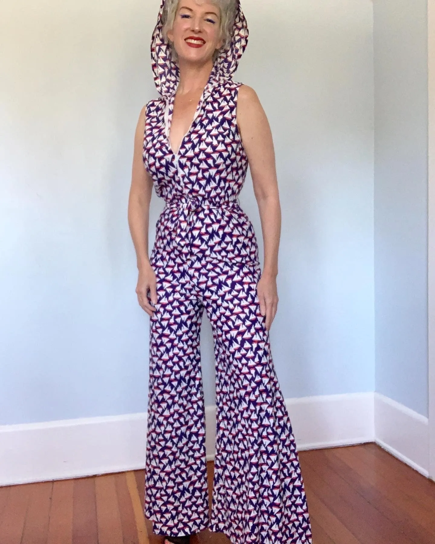 1960s Nautical Theme Palazzo Leg Hooded Jumpsuit