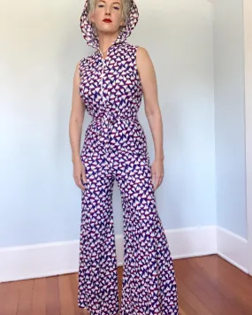 1960s Nautical Theme Palazzo Leg Hooded Jumpsuit