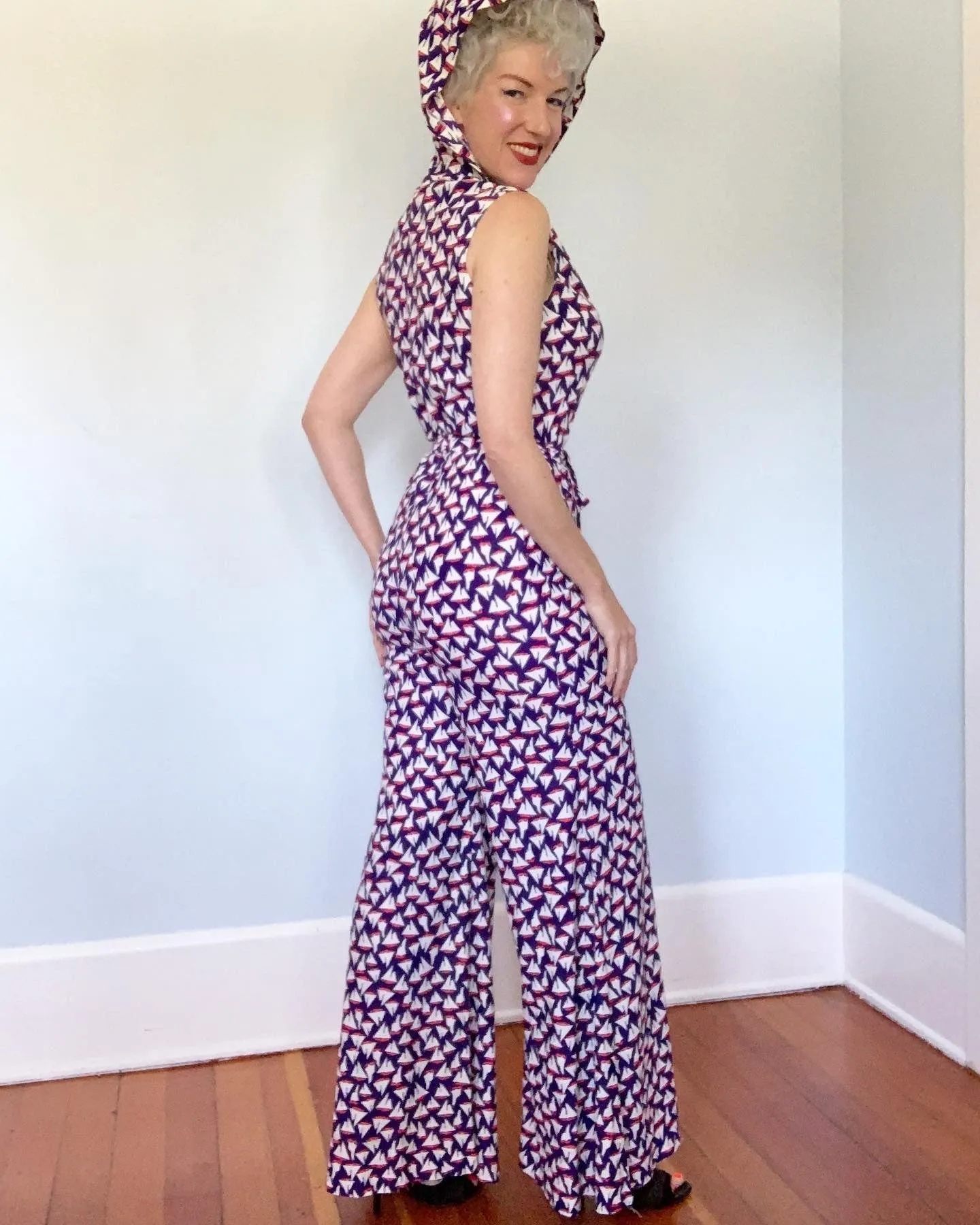 1960s Nautical Theme Palazzo Leg Hooded Jumpsuit