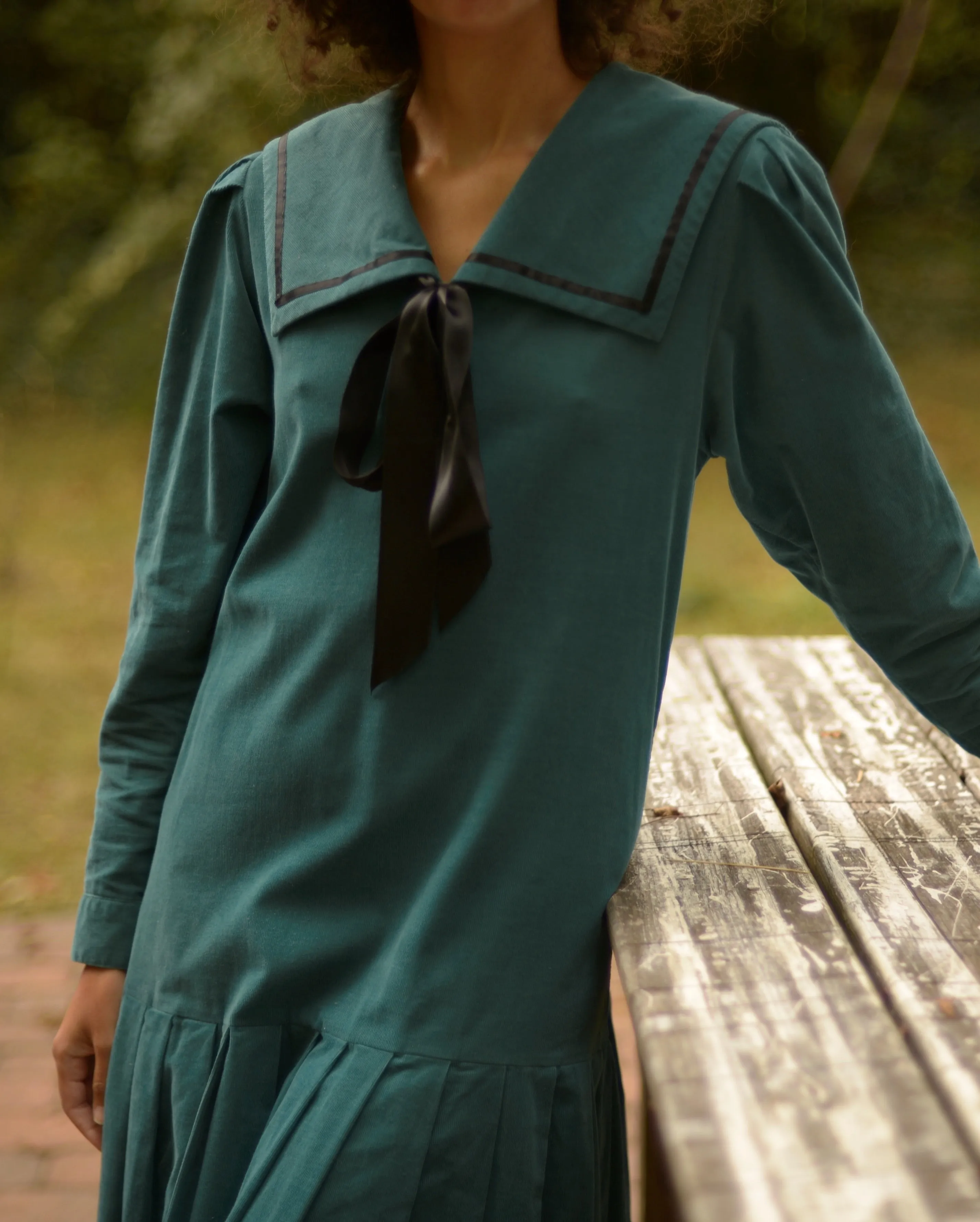1980s cotton sailor collar corduroy drop waist dress