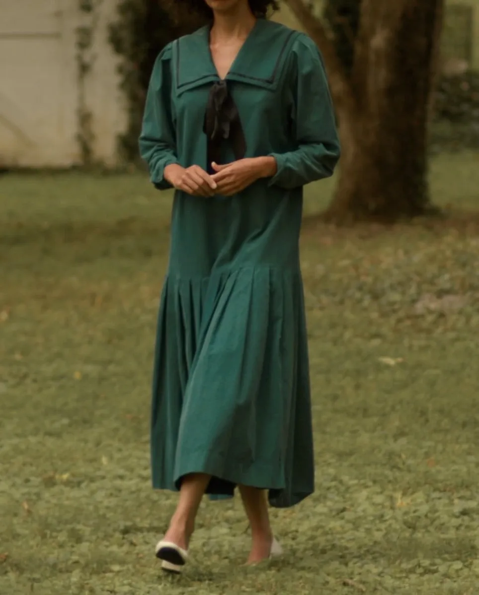 1980s cotton sailor collar corduroy drop waist dress