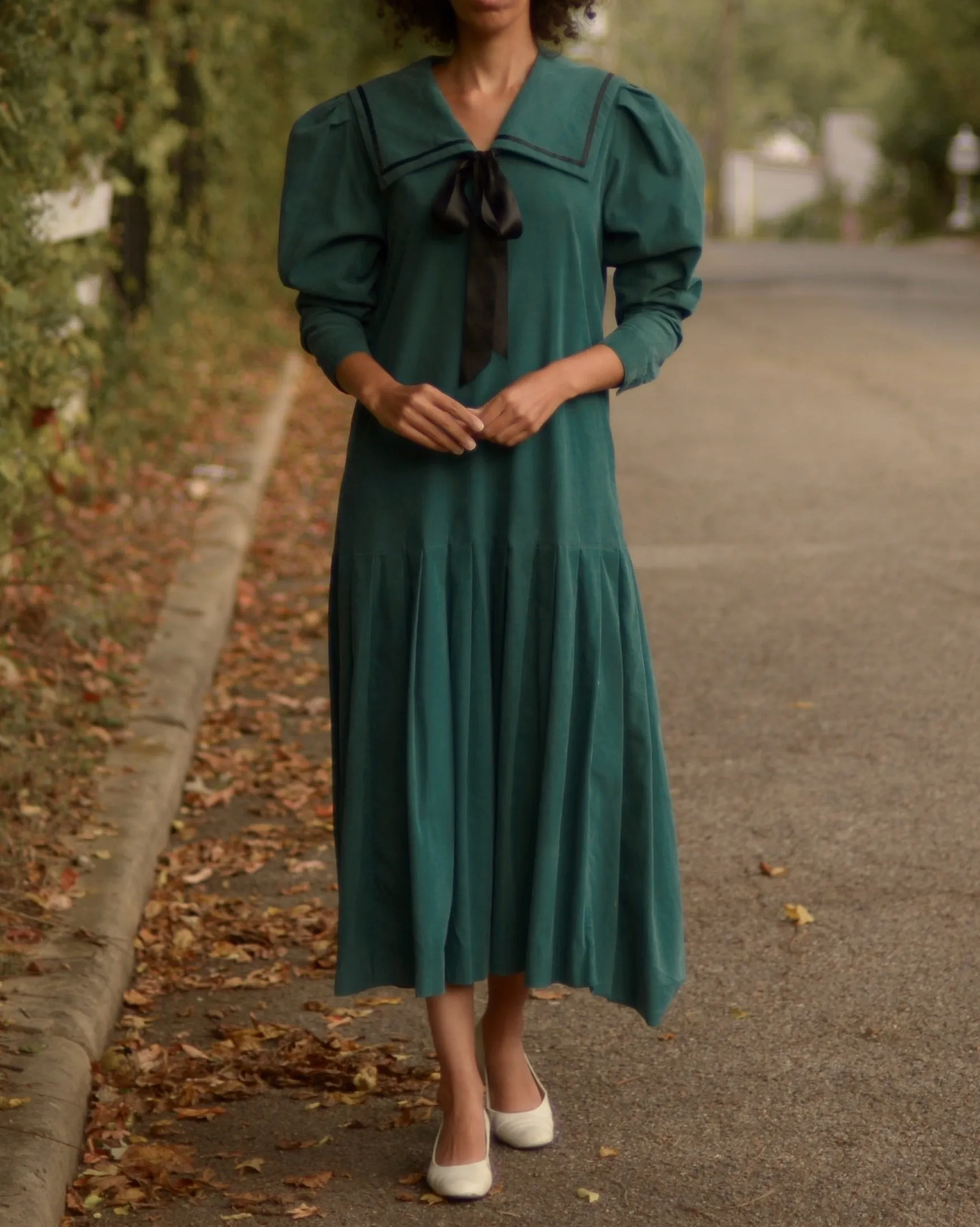 1980s cotton sailor collar corduroy drop waist dress