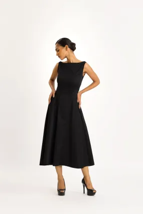 BLACK SATIN MIDI DRESS