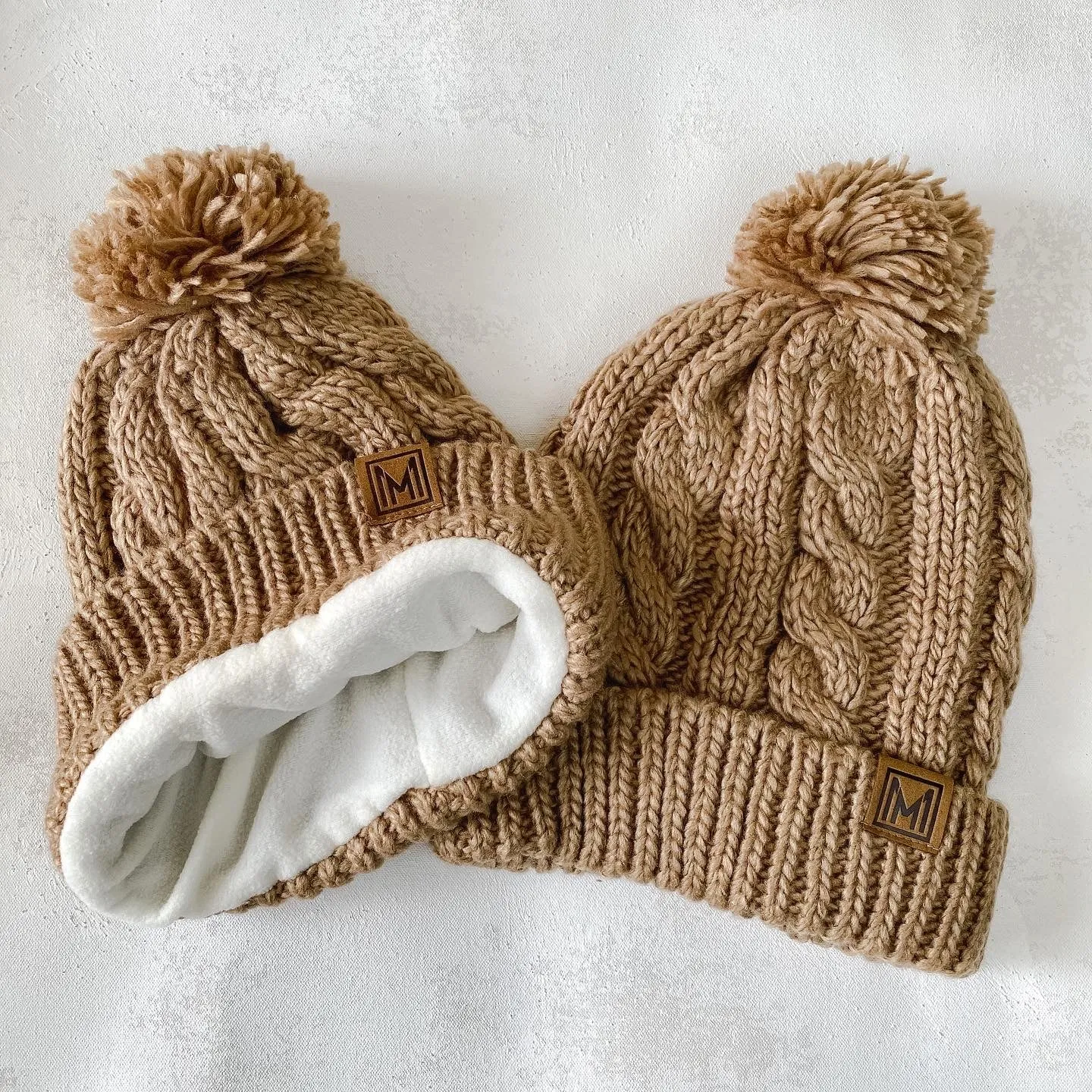 Camel Winter Cable Knit Beanie Hat with Fleece Lining