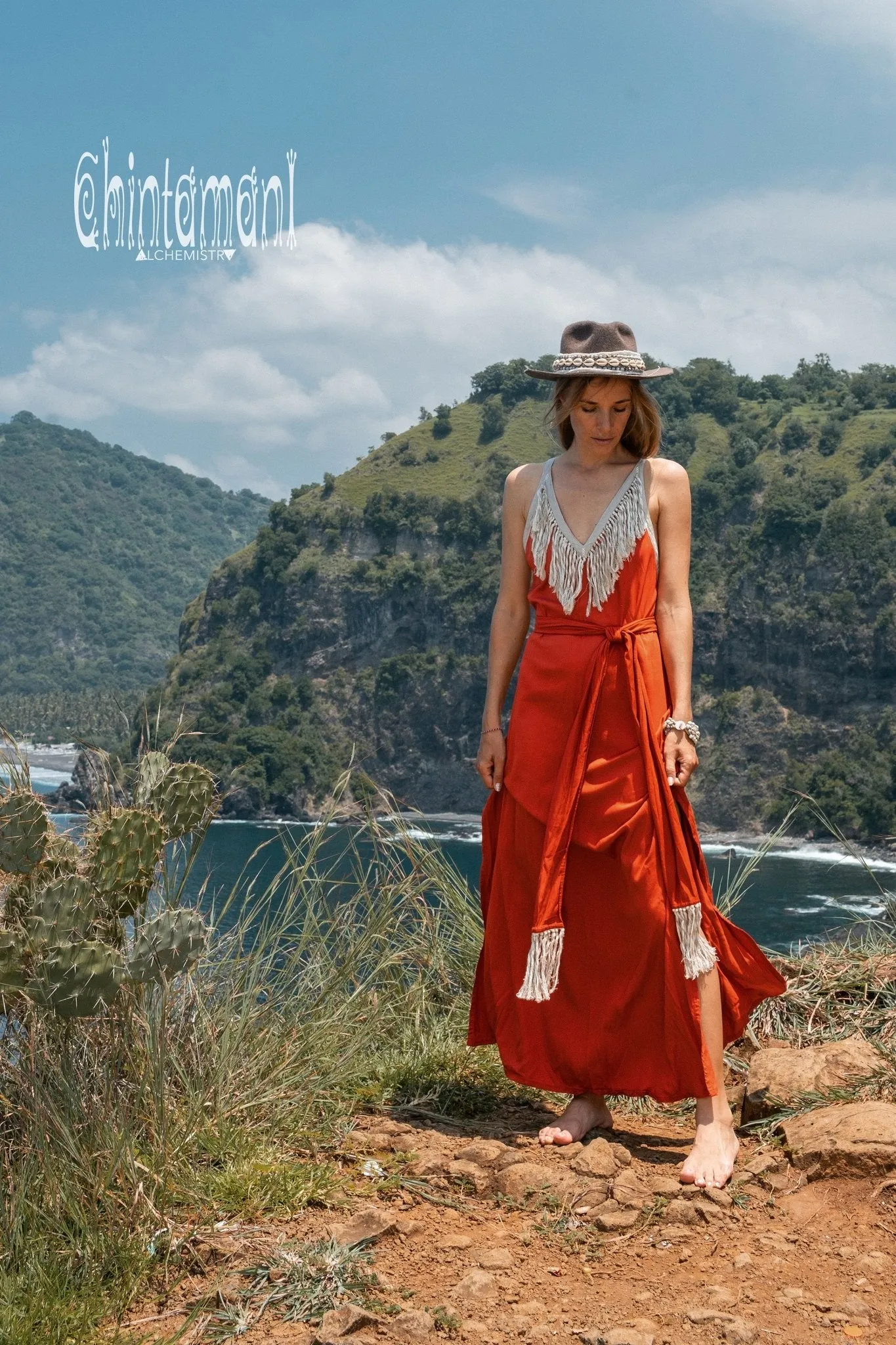 Cotton Boho Fringe Dress for Women / Red Ochre
