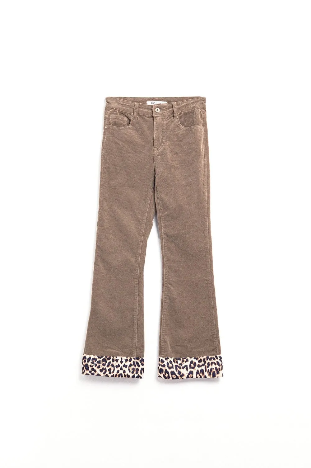 Dark Beige Corduroy Flare Pants With Leopard Print At The Bottom