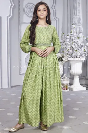 Delightful Pestle Green Girls Jumpsuit With Tempting Style