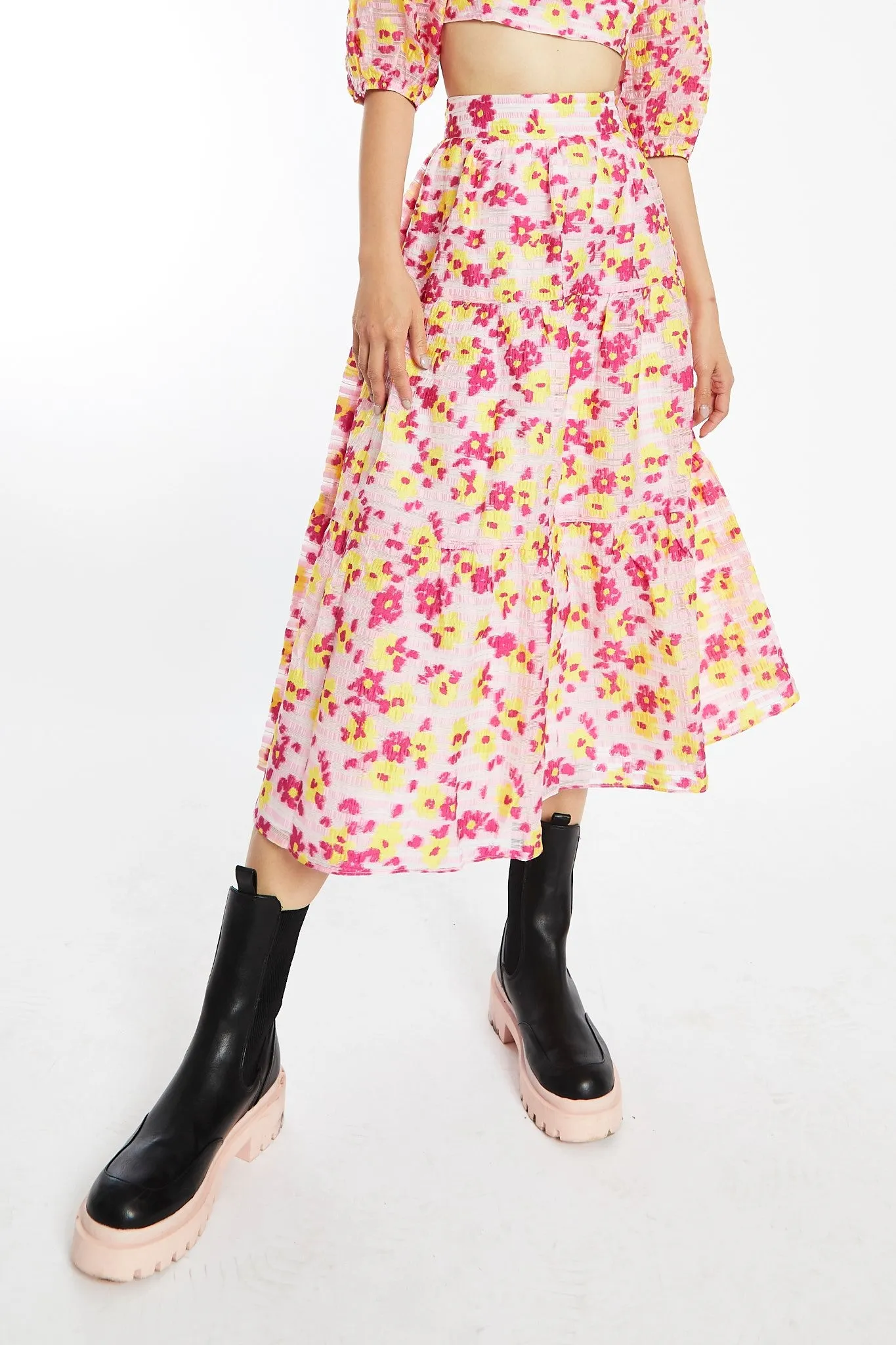 Pink-Yellow Organza Gathered Tiered Midi-Skirt