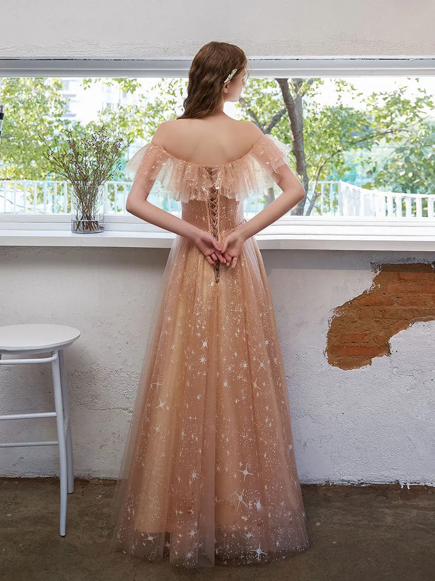 Simple Tulle Off Shoulder Lace Long Prom Dress Lace Formal Dress