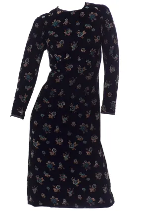 Vintage Mid Century Black Velvet Dress in Multi Color Floral Print