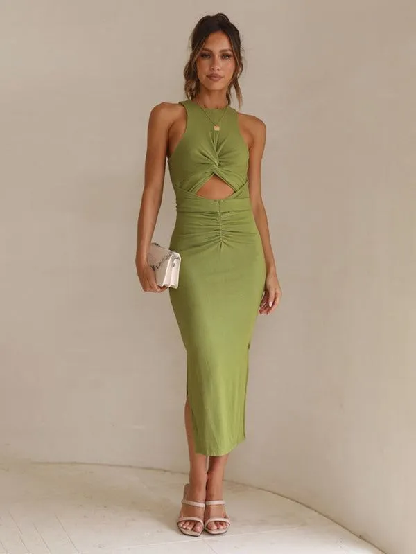 Women’s Slim Fit Sleeveless Cutout Pleated Midi Dress in 2 Colors S-XL