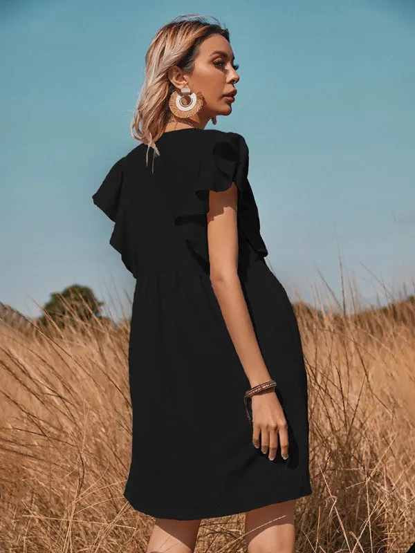 Woven V-Neck Button Up A-line Swing Dress