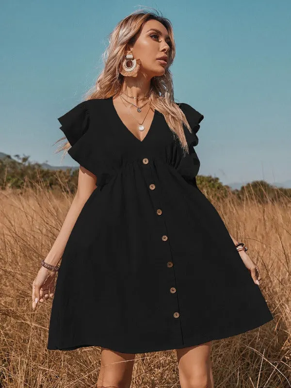 Woven V-Neck Button Up A-line Swing Dress