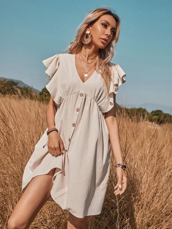 Woven V-Neck Button Up A-line Swing Dress
