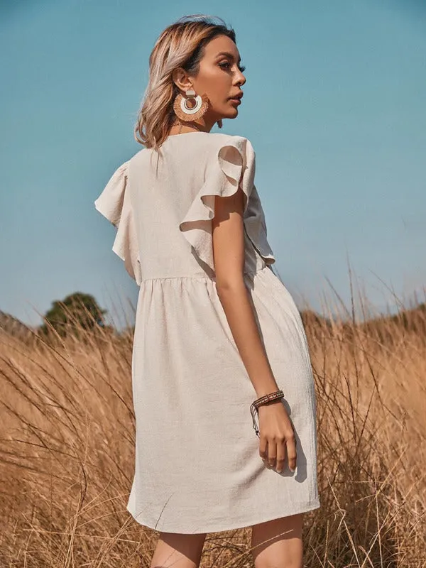 Woven V-Neck Button Up A-line Swing Dress