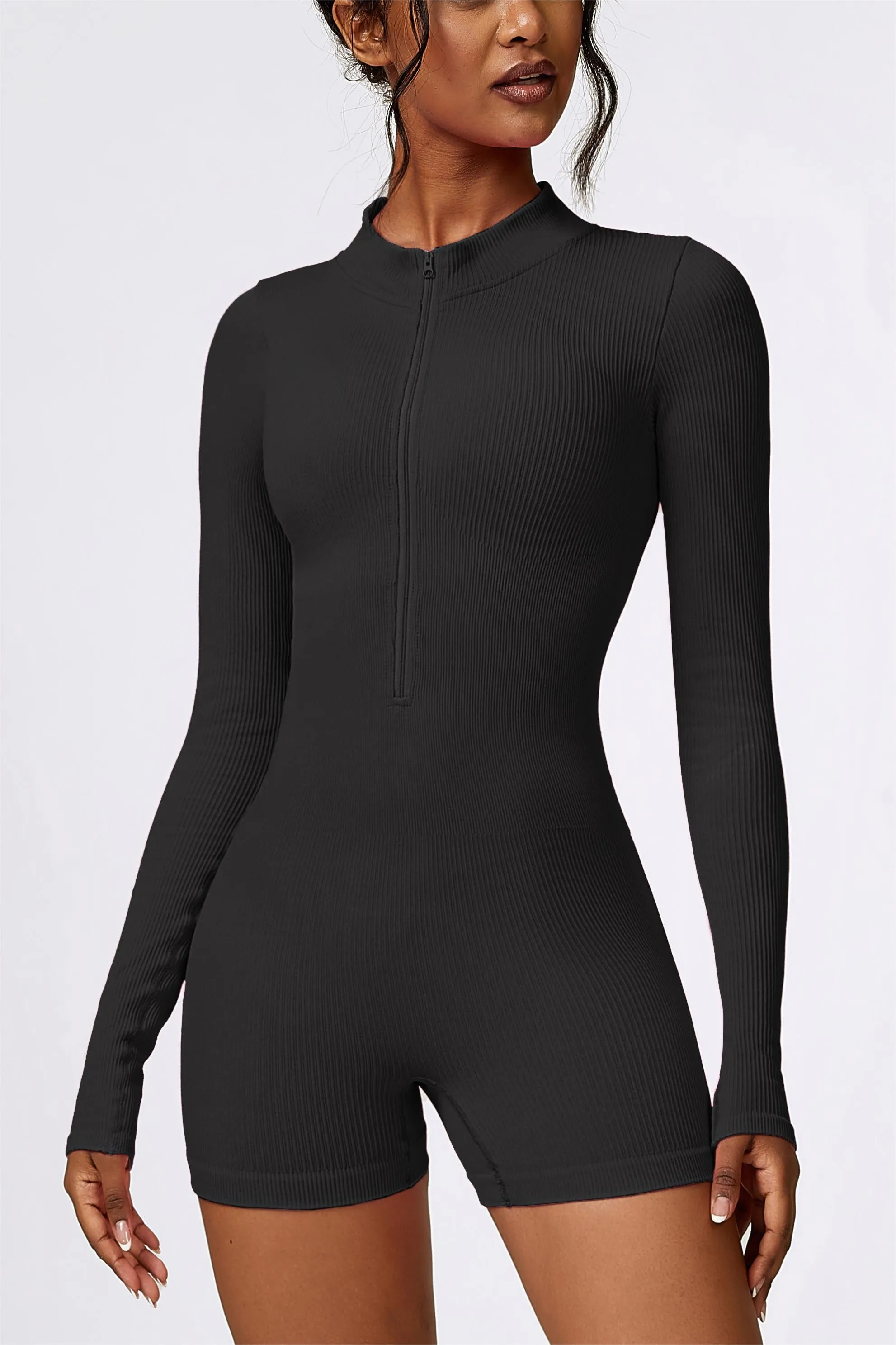 ZipFlex Ribbed Long-Sleeve Workout Romper